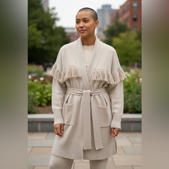 Belted Long Knit Cardigan Sweater Ophelia Roe Size S Beige Fringe Boho Western - Picture 1 of 7